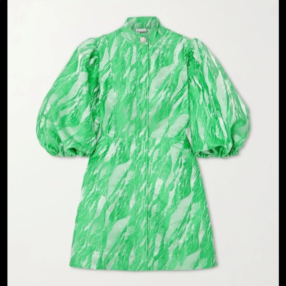 Ganni High Neck Puff Sleeve Mini Dress NWT